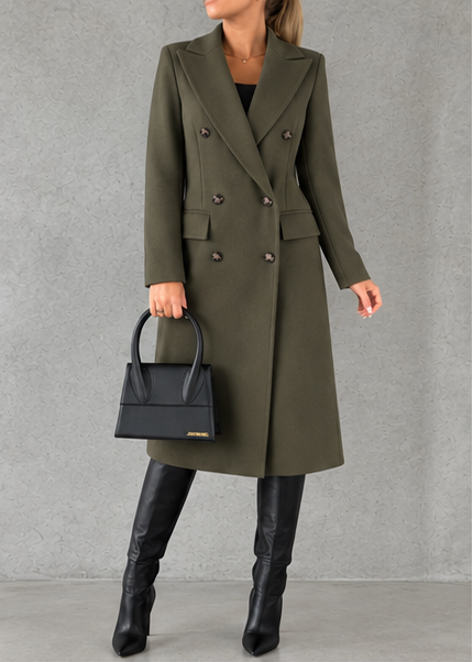 Eleanor double-breasted long coat in olive green