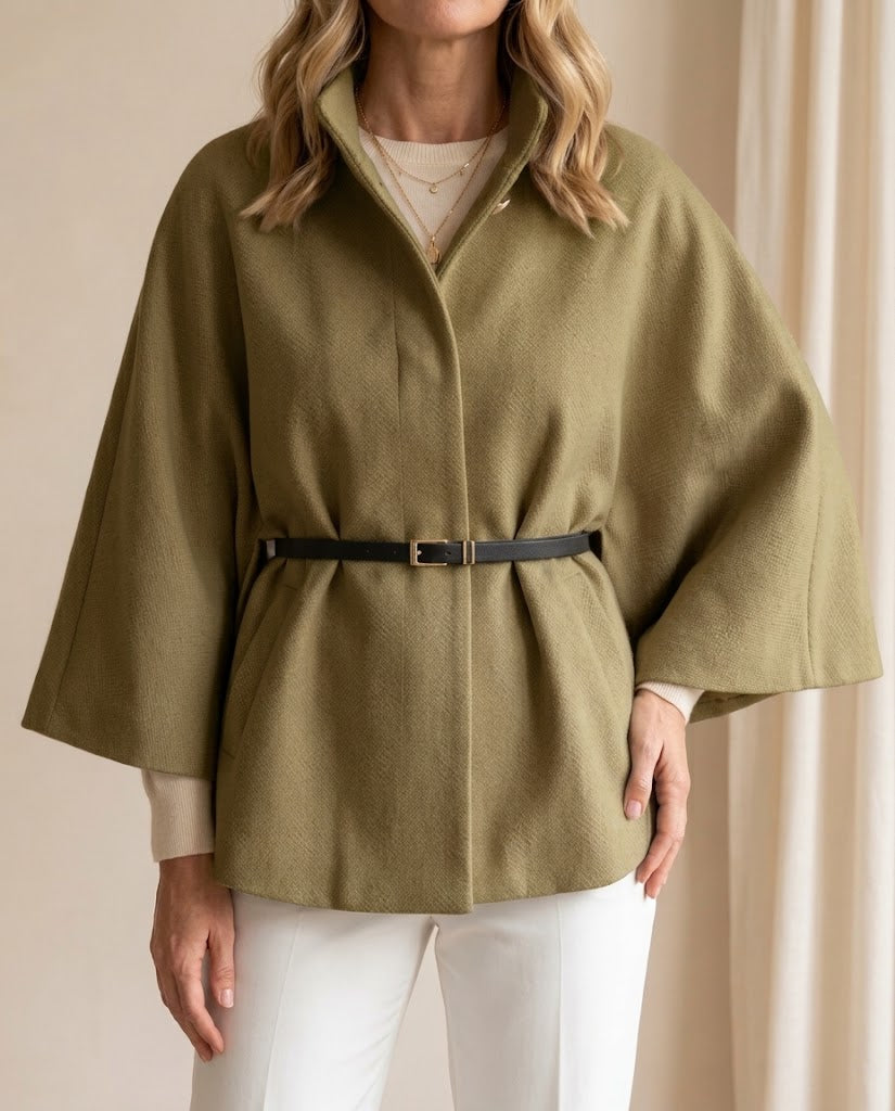 Evelyn | Belted Stand Collar Cape