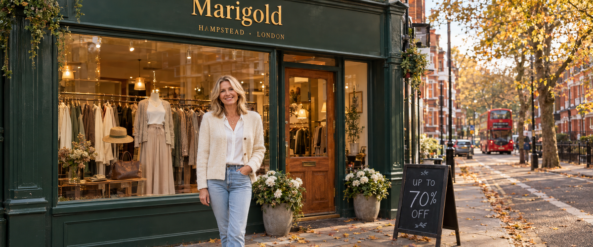 Two women smiling in front of an elegant womenswear boutique in London