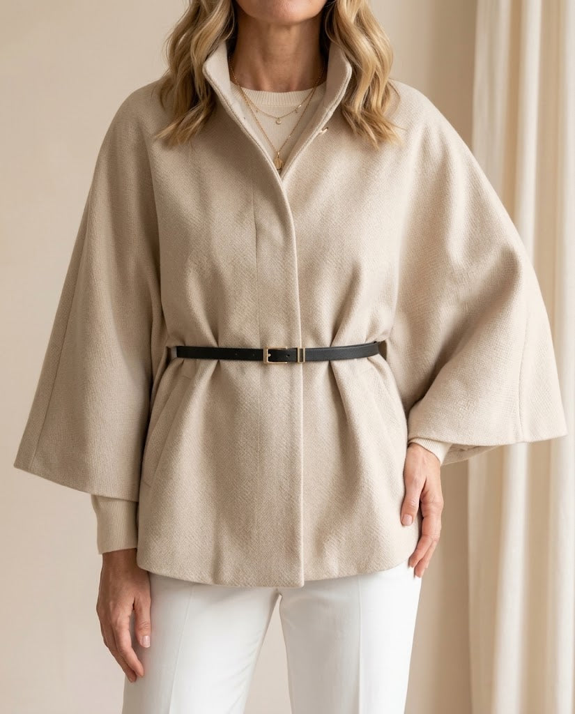 Evelyn | Belted Stand Collar Cape